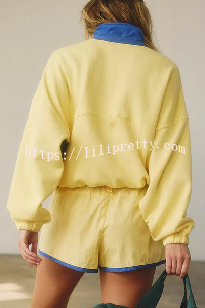 Fashion Contrast Color Stitching Stand Collar Long Sleeve Top and Elastic Waist Loose Pocket Shorts Set