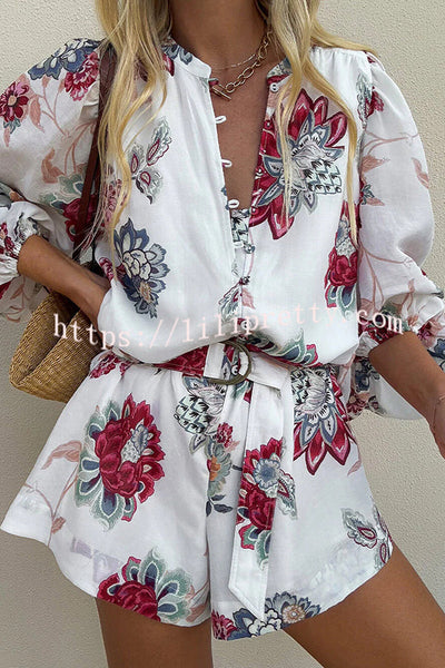 Floral Print Elegant Long Sleeve Waist Tie Casual Rompers