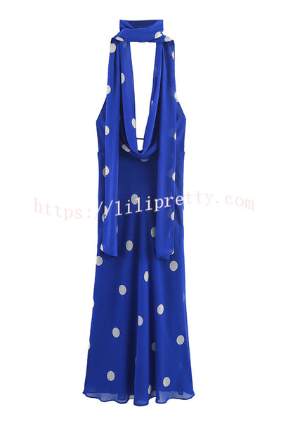 Fashion Polka Dot Print Sexy Halter Neck Backless Maxi Dress