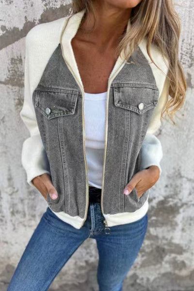 Fashion Denim Stitching Zipper Pocket Casual Jacket