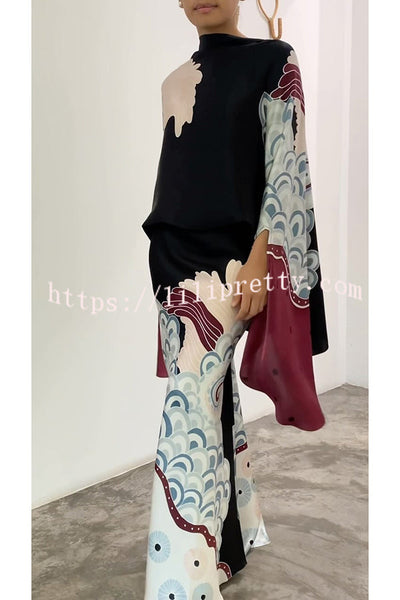 Matilda Satin Unique Print Drape Cape Sleeve Top and Elastic Waist Maxi Skirt Set