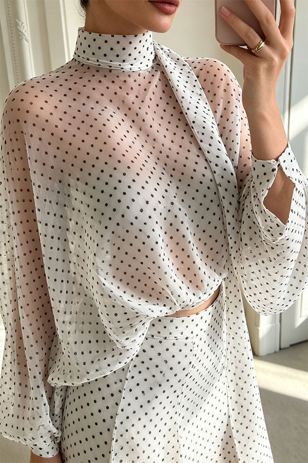 Seraphina Flowing Lantern-Sleeve Polka Dot Blouse