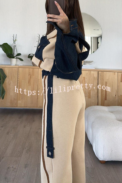 Chill Whispers Denim Patchwork Sweatshirt Fabric Striped Elastic Waist Pocket Loose Pants