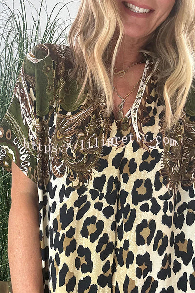 Dalton Paisley Leopard Print Short Sleeve Pocket A-line Midi Dress