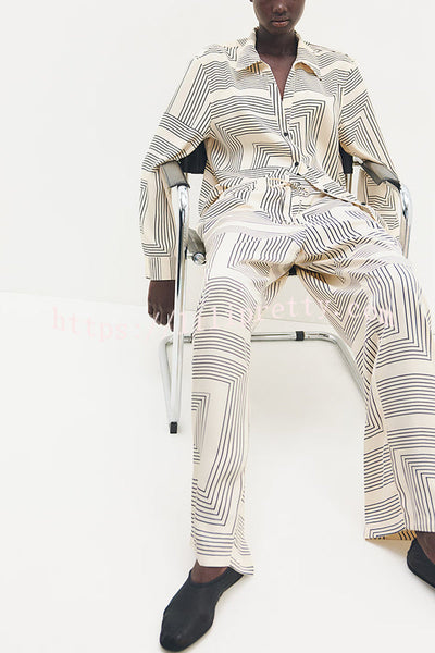 Unique Print Lapel Long Sleeve Loose Shirt and Elastic Waist Casual Pocket Wide Leg Pants Set