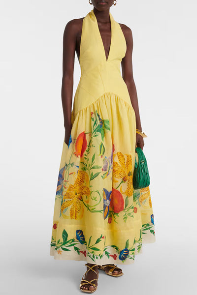 Floral Print Halterneck Open Back Full Hem Maxi Dress