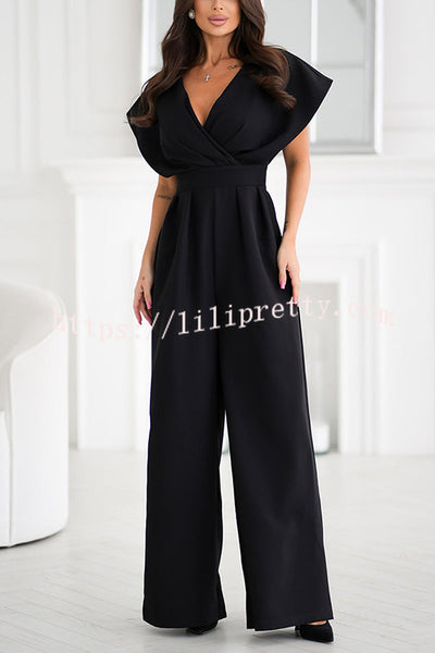 Solid Color V-neck Waist Casual Wide-leg Jumpsuit
