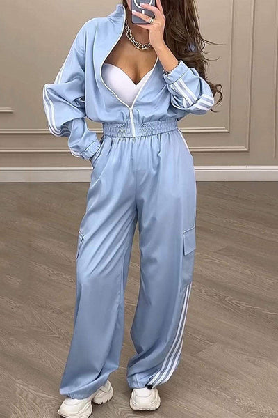 Fashion Loose Long Sleeve Zipper Top and Elastic Waist Pocket Casual Pants Set