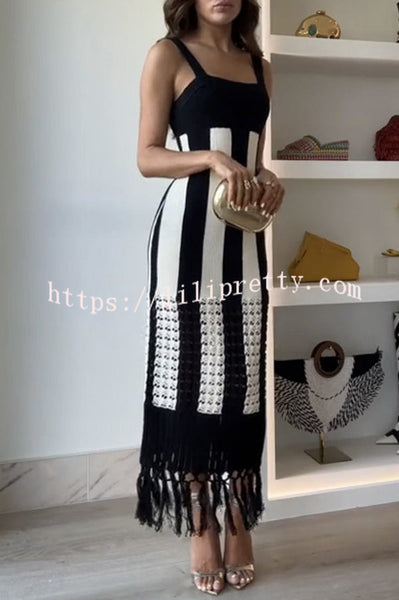 Elegant Piano Color Block Square Neck Wide Shoulder Straps Knit Fringed Midi Dress