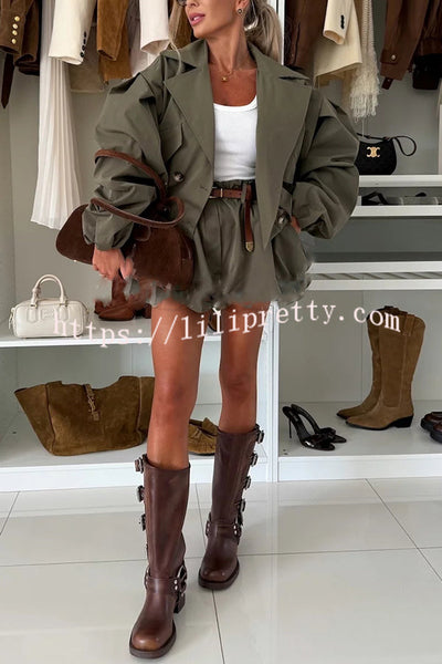 Fashion Style Button Long Balloon Sleeve Pocket Lapel Casual Bomber Jacket