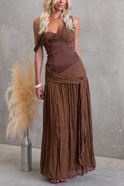 Zariyah Satin Bodice Asymmetric Neck Tie-up Waist Chiffon Hem Maxi Dress