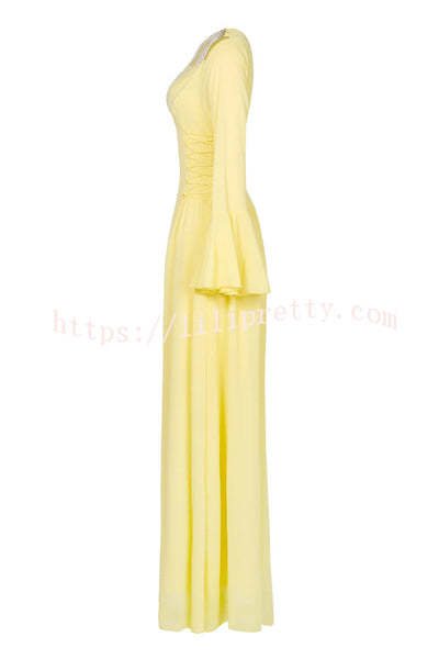 Fashionable Beaded Long-sleeved Square-neck Fitted Waist Tie Maxi Dress