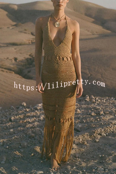 Fashionable Open-knit Backless Elegant Tassel Hem Vacation Cover-up Maxi Dress