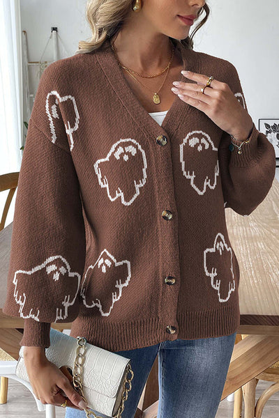 Halloween Ghost Pattern Casual Button-Down Knit Sweater