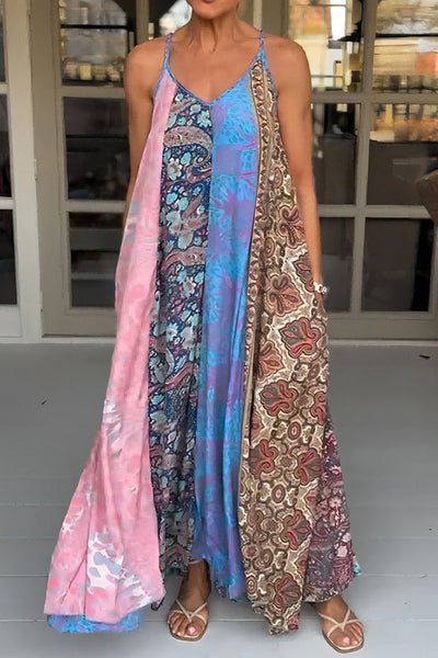 Unique Printed Loose Holiday Strap Big Hem Maxi Dress