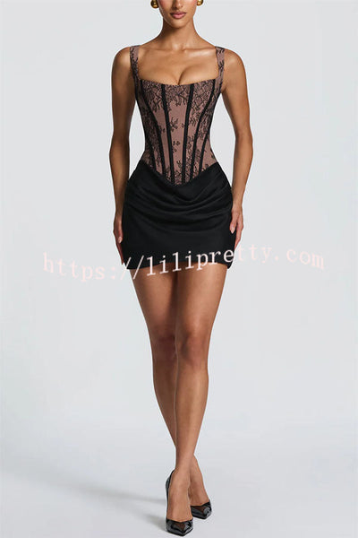 Cornelia Floral Lace Contrast Structural Detail Back Lace-up Satin Hem Mini Dress