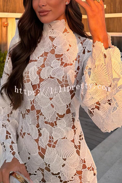 Tropica View Crochet Lace Seashell High Neck Long Bell Sleeve Mini Dress