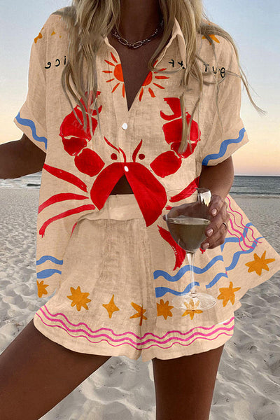 Crab Print Loose Button Elastic Waist Shorts Set
