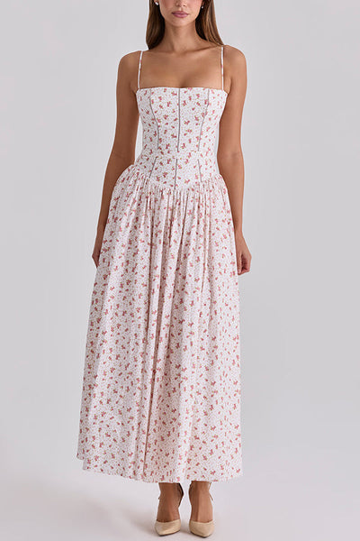 Romantic Countryside Stretch Cotton Blend Floral Print Cutout Trim Slip Midi Dress