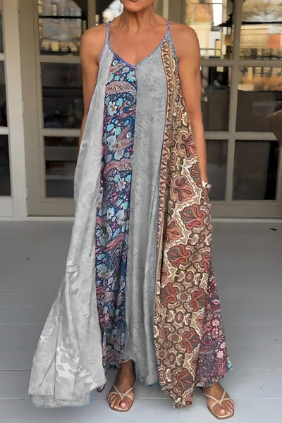 Unique Printed Loose Holiday Strap Big Hem Maxi Dress