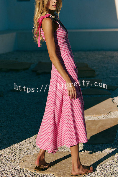 Striped Print V-Neck Lace-Up Backless Holiday Midi Dress