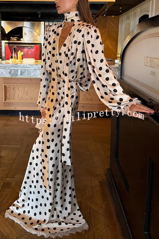 Chrissa Satin Polka Dot Print Lace Trim High Rise Flare Drape Maxi Skirt
