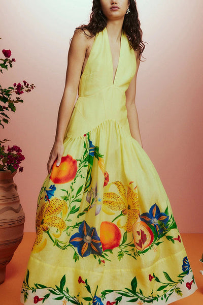 Floral Print Halterneck Open Back Full Hem Maxi Dress