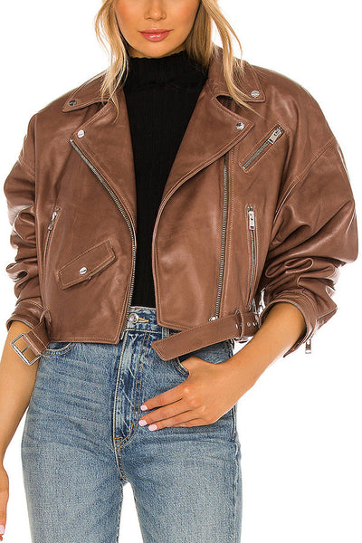 Fashion Lapel Long Sleeve Casual Zipper Pocket Leather Jacket