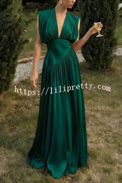 Elegant V-neck Sleeveless Fitted Waist High Slit Vacation Maxi Dress