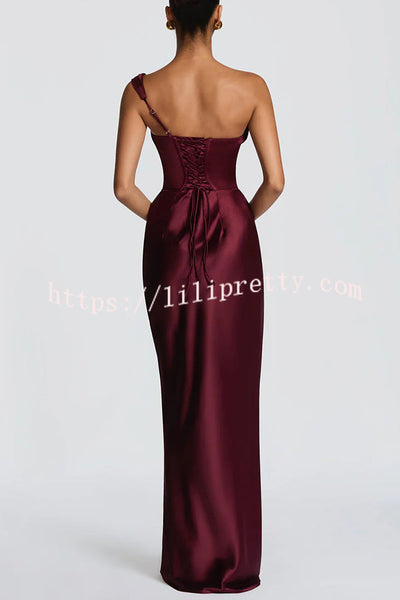 Thalassa Satin One Shoulder Scooped Neck Bias Cut Pleated Maxi Dress