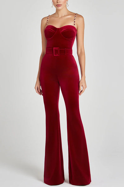 Eliza Luxurious Velvet Fabric Jewel-embellished Shoulder Straps Belted Flare Jumpsuit