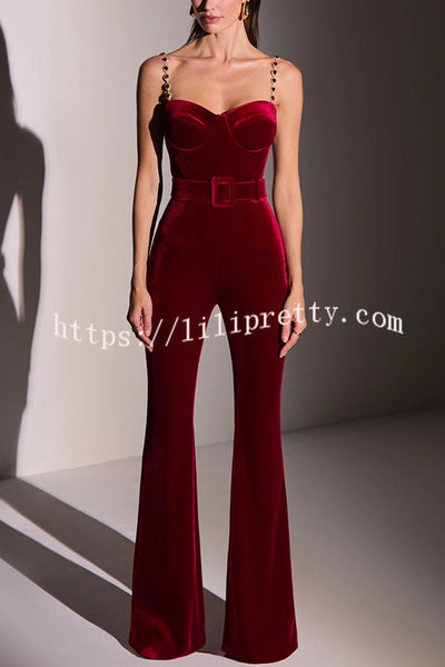 Eliza Luxurious Velvet Fabric Jewel-embellished Shoulder Straps Belted Flare Jumpsuit