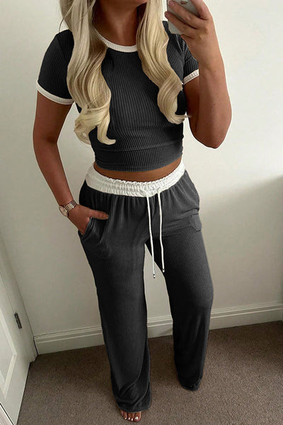 Fashionable Round Neck Short-sleeved Top and Elastic Waist Pocket Casual Straight Pants Set