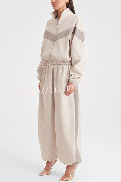 Fashionable Contrasting Long-sleeved Loose Coat and Elastic Waist Wide-leg Pants Set