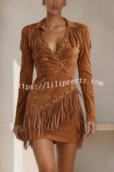 Western-style Faux Suede Studded Tassel Trim Long Sleeve Dress