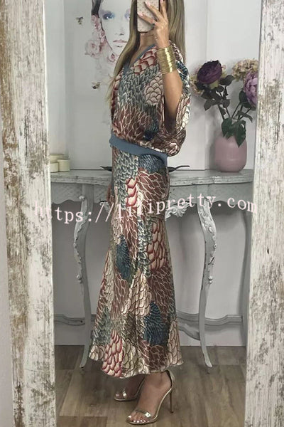 Palm Beach Satin Printed Button Wide Sleeve Shirt and Elastic Waist Maxi Skirt Set