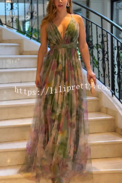 Kerrie Tulle Render Floral Print Cross Back Straps Maxi Dress