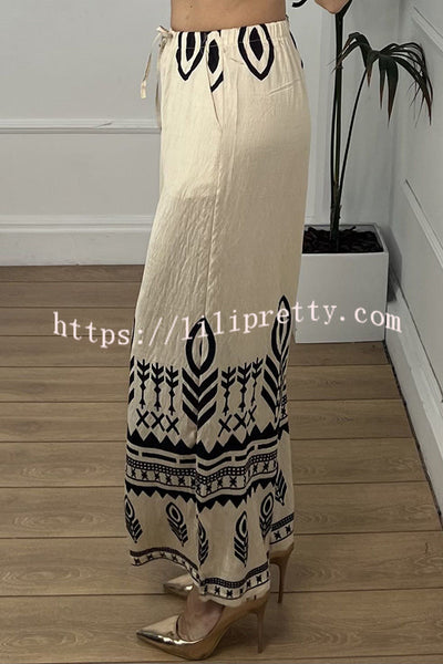 Unique Print Elastic Waist Casual Pocket Wide Leg Pants