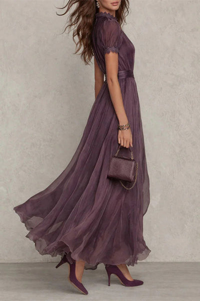 Elegant Lace Trim Keyhole Puff Sleeve Flowing Chiffon Maxi Dress