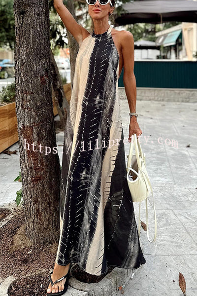Sunday Charm Contrast Color Tie-dye Print Halter Backless A-line Maxi Dress