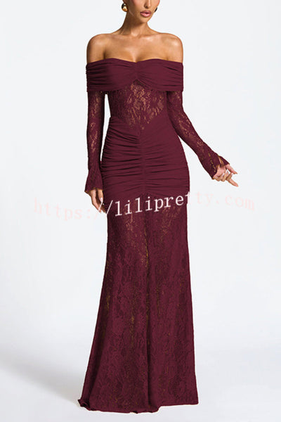Solid Color Patchwork Lace Off-shoulder Long-sleeved Pleated Slim-fit Maxi Dress