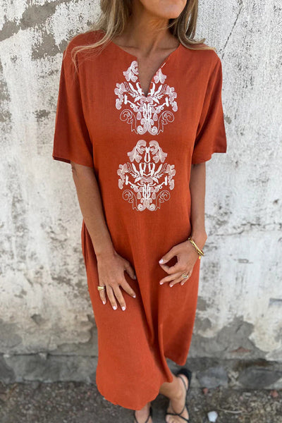Embroidered Pattern V-neck Short-sleeved Loose Midi Dress