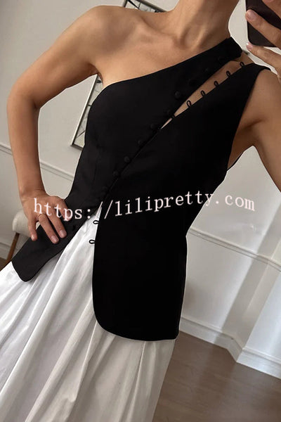 Full of Design Solid Color One Shoulder Asymmetric Slit Button Casual Vest