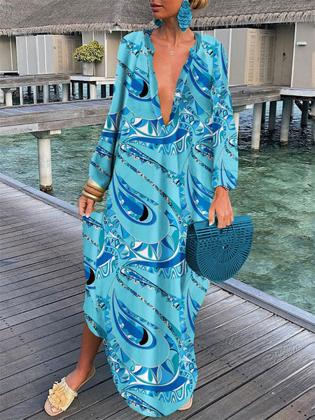 Fashion Painting Print V-neck Colorful Single-row Multi-button Button Loose Long-sleeved Long Oversized Hem Dress Dress Women