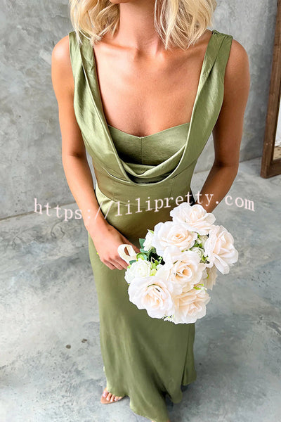 Chic Muse Satin Solid Color Cowl Neck Back Tie-up Maxi Dress