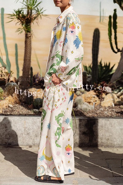 Embrace Magic Linen Blend Unique Print Elastic Waist Pocketed Wide Leg Pants