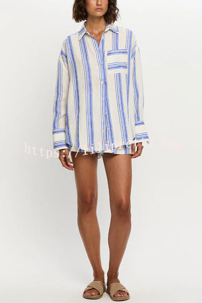 Stripe Print Lapel Long-sleeved Casual Shirt and Elastic Waist Loose Shorts Set