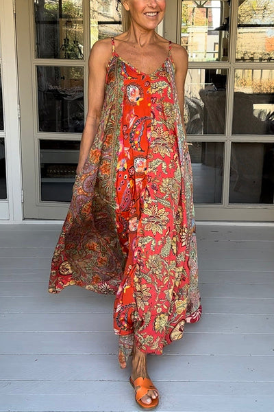 Unique Printed Loose Holiday Strap Big Hem Maxi Dress