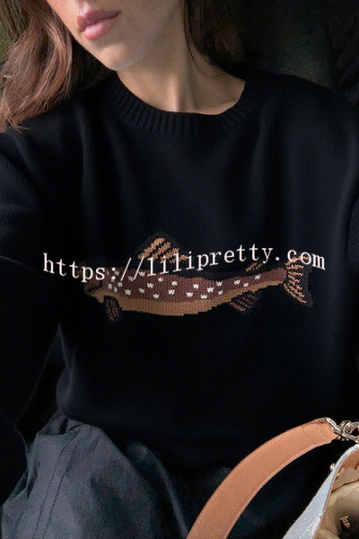 Fashionable Fish Pattern Round Neck Loose Knitted Sweater