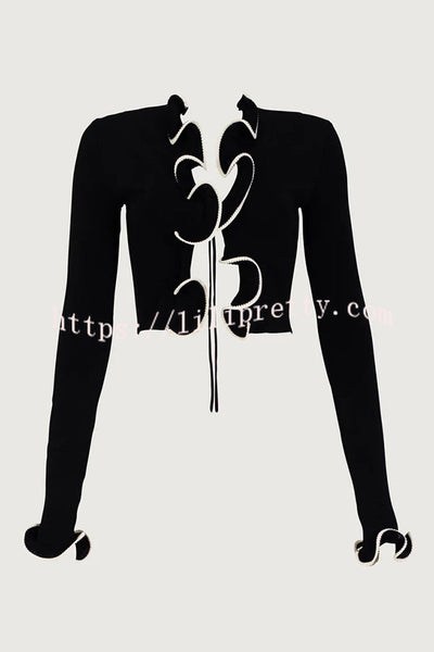 Fashion Ruffled Long-sleeved Tie-cropped Knitted Cardigan